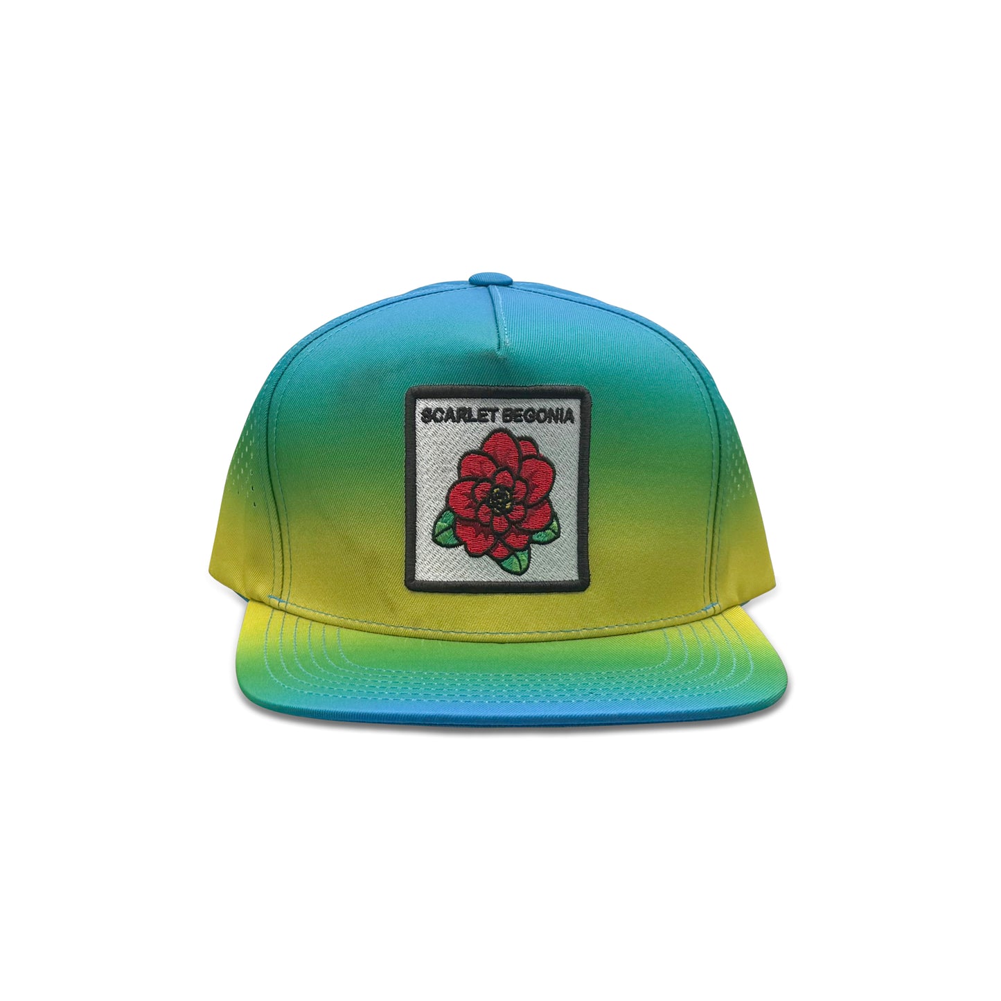 Scarlet Begonia Blue Yellow Baseball Hat with Floral Patch