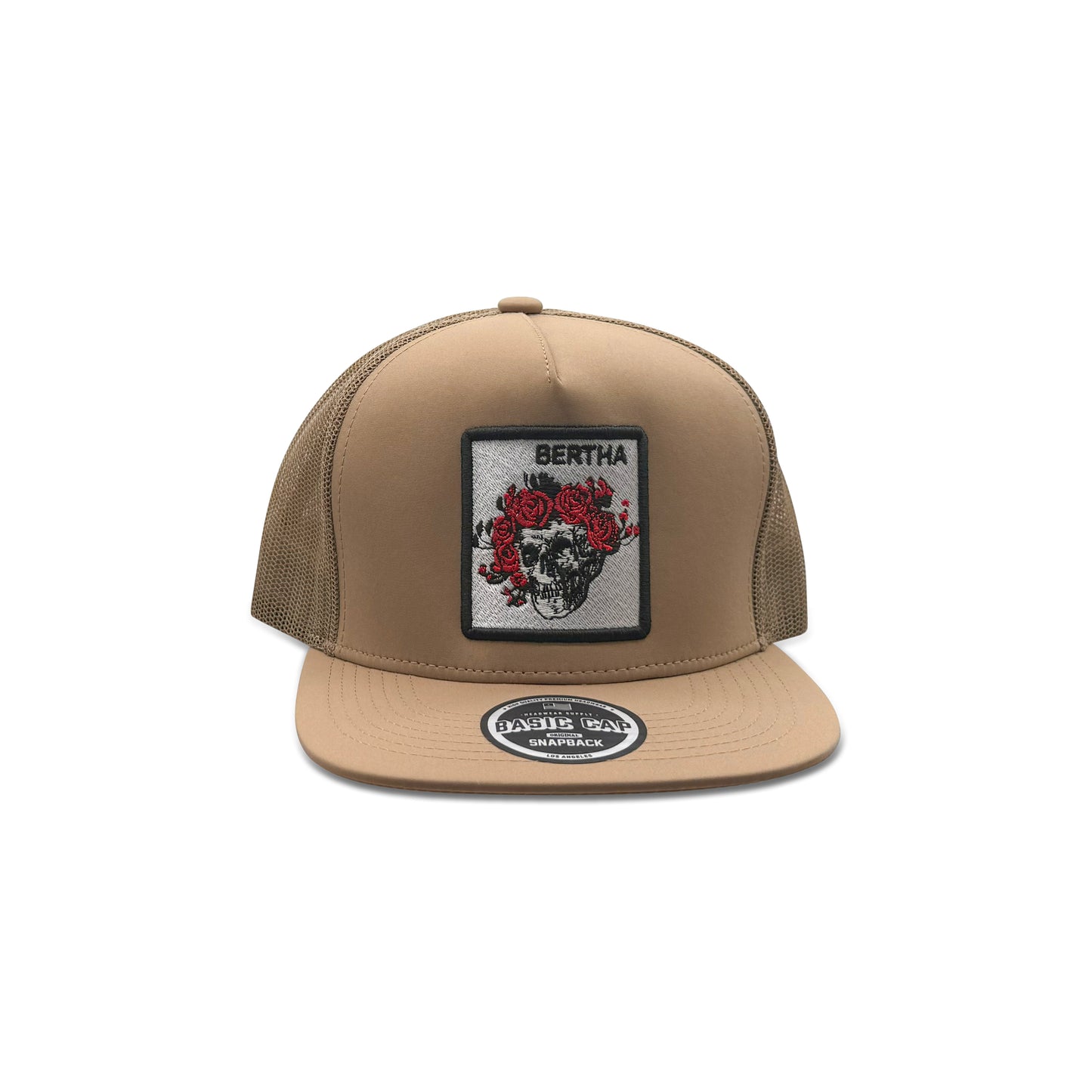 Bertha Brown Trucker Hat with Skull Floral Patch
