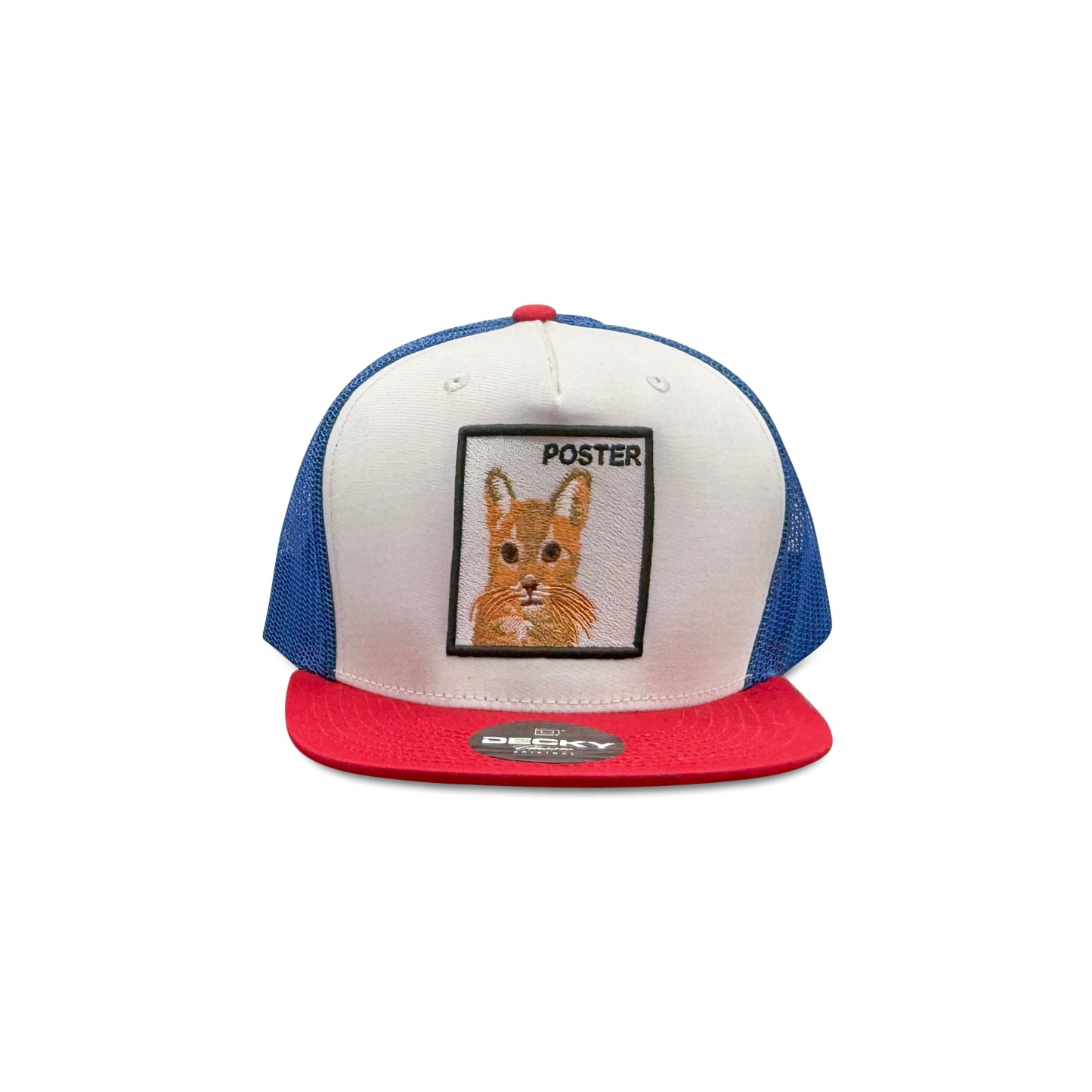 Decky White Blue Trucker Hat with Poster Cat Patch