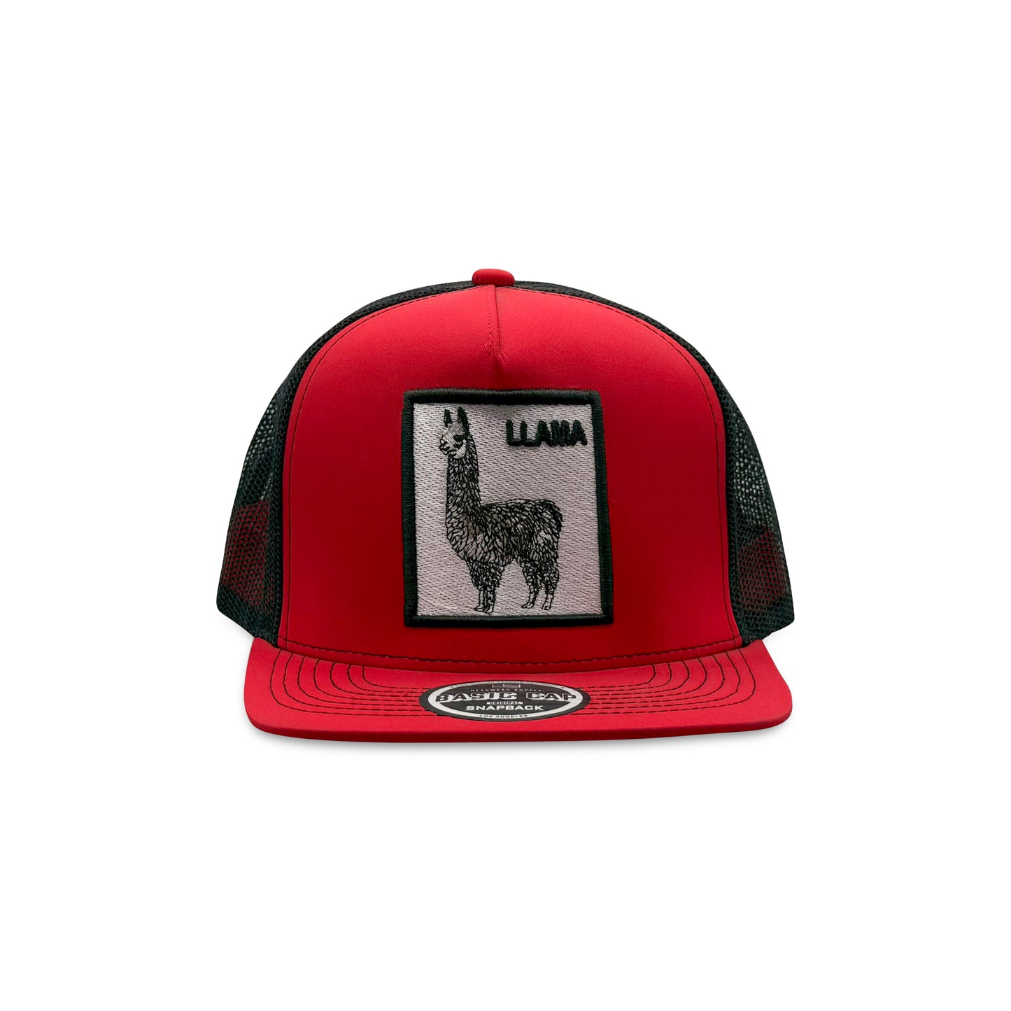 Headwear Red Black Trucker Hat with Llama Patch