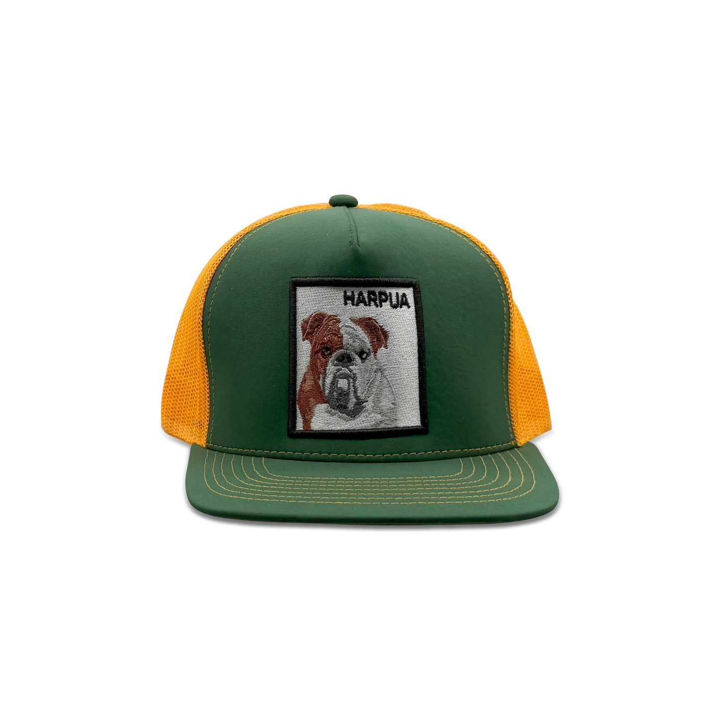 Harpua Green Yellow Trucker Hat with Dog Patch
