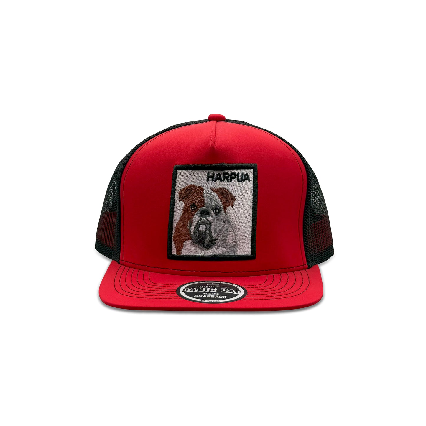 Headwear Red Black Trucker Hat with Harpua Dog Patch