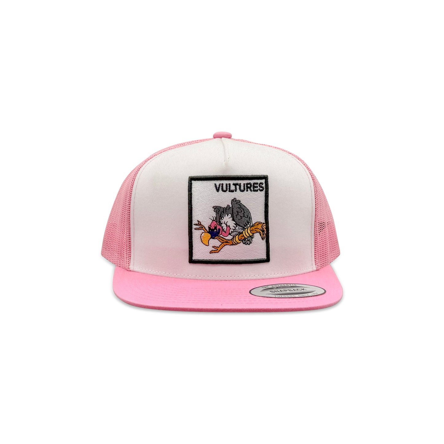 Yupoong Pink White Trucker Hat with Vultures Beaky Buzzard Patch