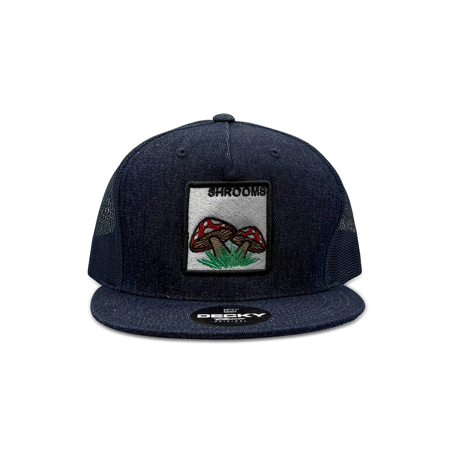 Decky Shrooms Blue Trucker Hat with Mushrooms Patch