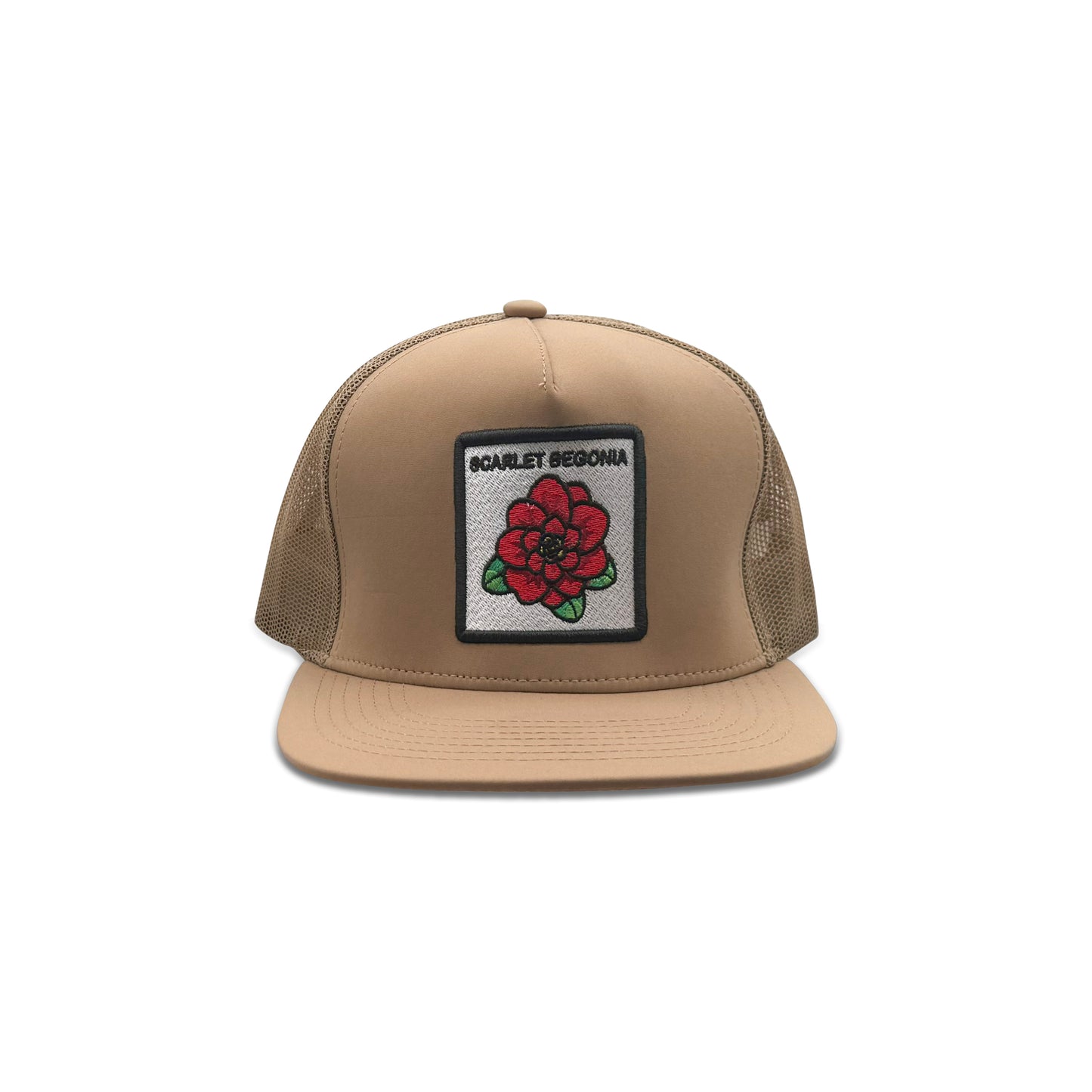 Scarlet Begonia Brown Trucker Hat with Floral Patch