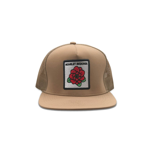 Scarlet Begonia Brown Trucker Hat with Floral Patch
