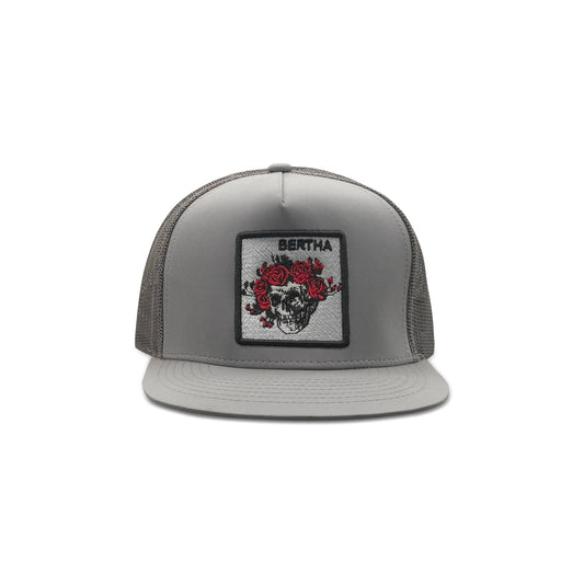 Bertha Gray Trucker Hat with Skull Floral Patch