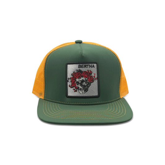 Bertha Green Yellow Trucker Hat with Skull Floral Patch