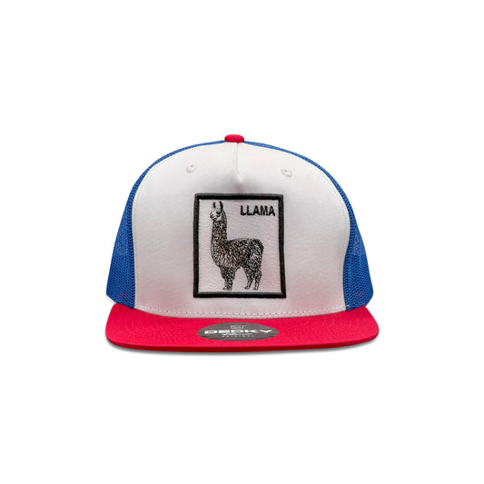 Decky White Blue Trucker Hat with Llama Patch