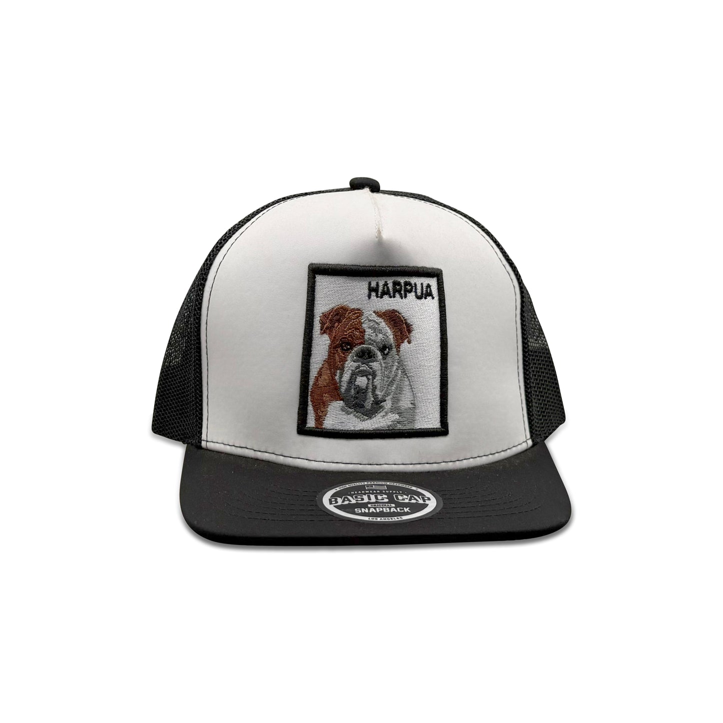 Headwear White Black Trucker Hat with Dog Harpua Patch