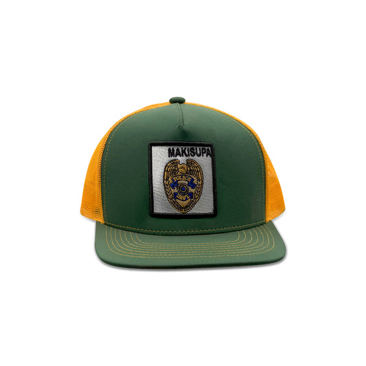 Makisupa Green Yellow Trucker Hat with Police Patch