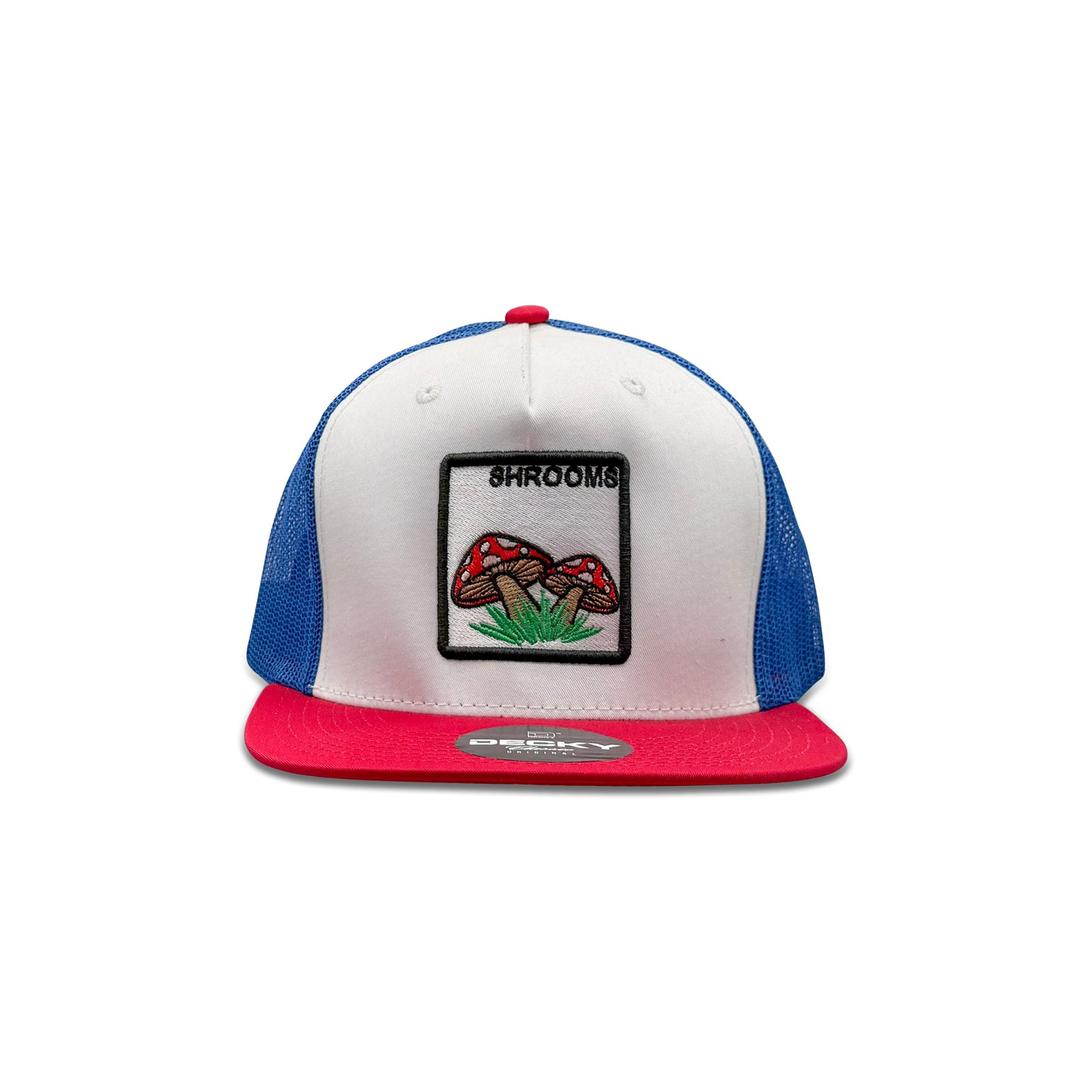 Decky Shrooms White Blue Trucker Hat with Mushrooms Patch