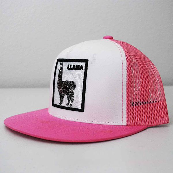 White and Pink Trucker Hat with a Llamma Patch Design Inspired by Phish's Song Title Llama